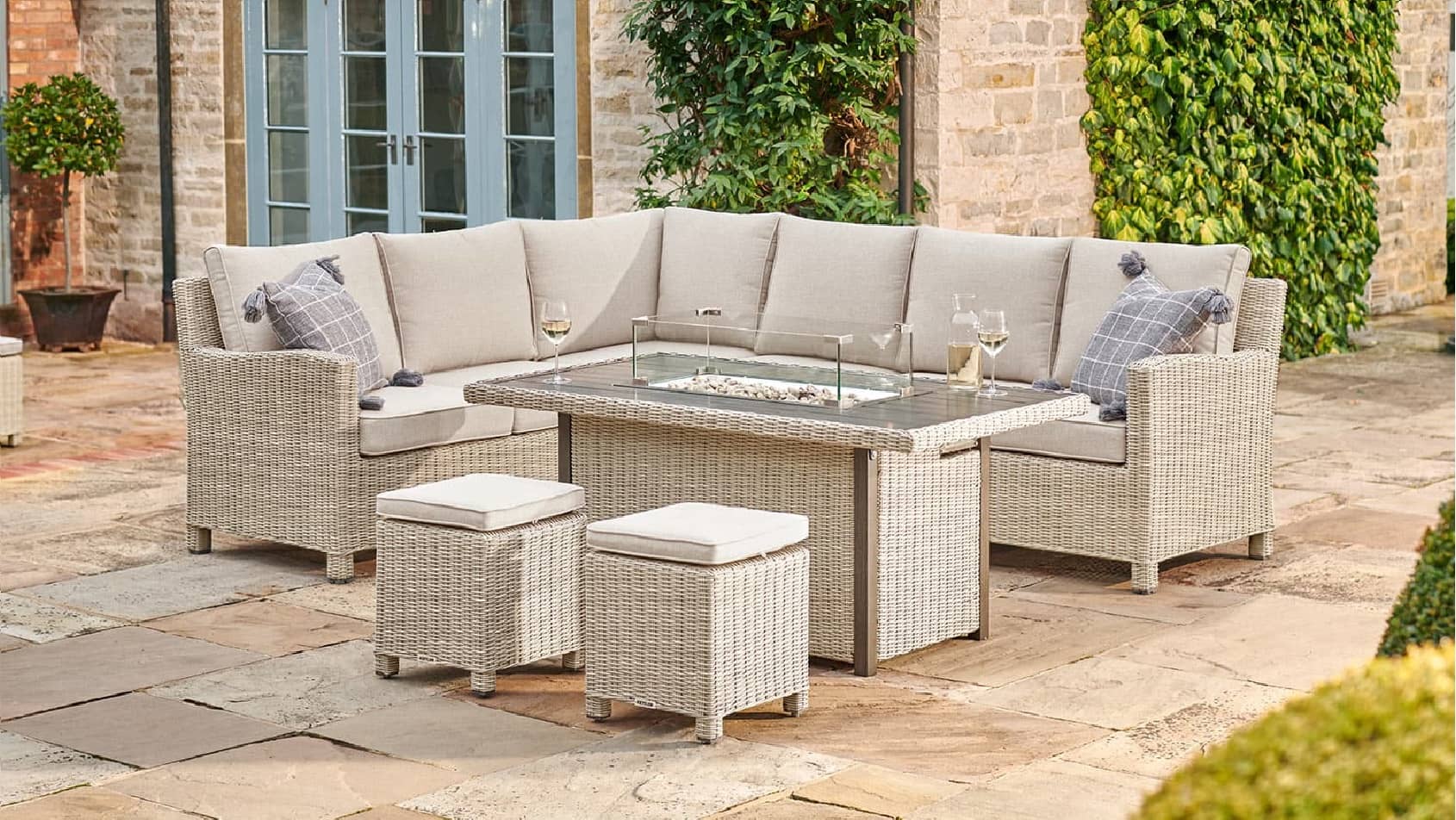 Kettler Palma casual dining corner set RHS with fire pit table Oyster